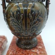 Pair of Antique Cassolettes Vases Louis XVI Style Regule & Red Marble 19