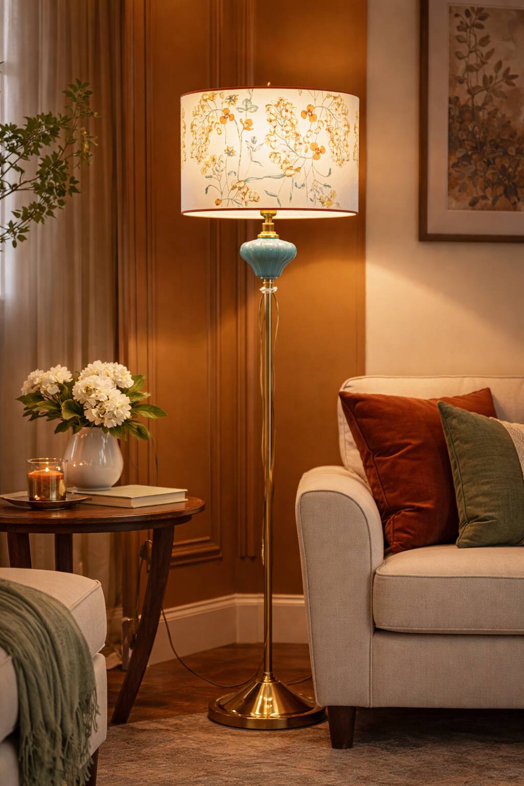 Pair of vintage floor lamps in brass and turquoise ceramic.