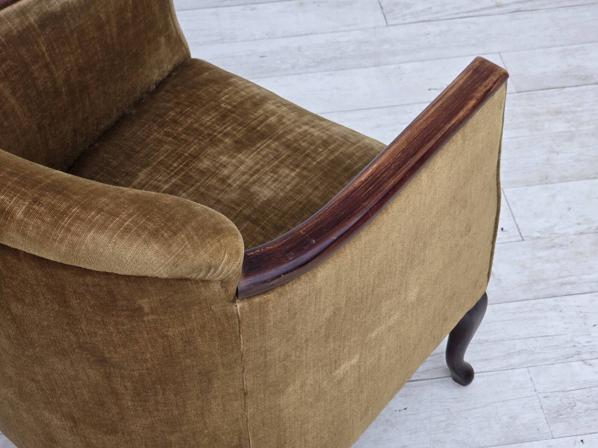 1960s, Danish armchair, furniture velour, ash wood.