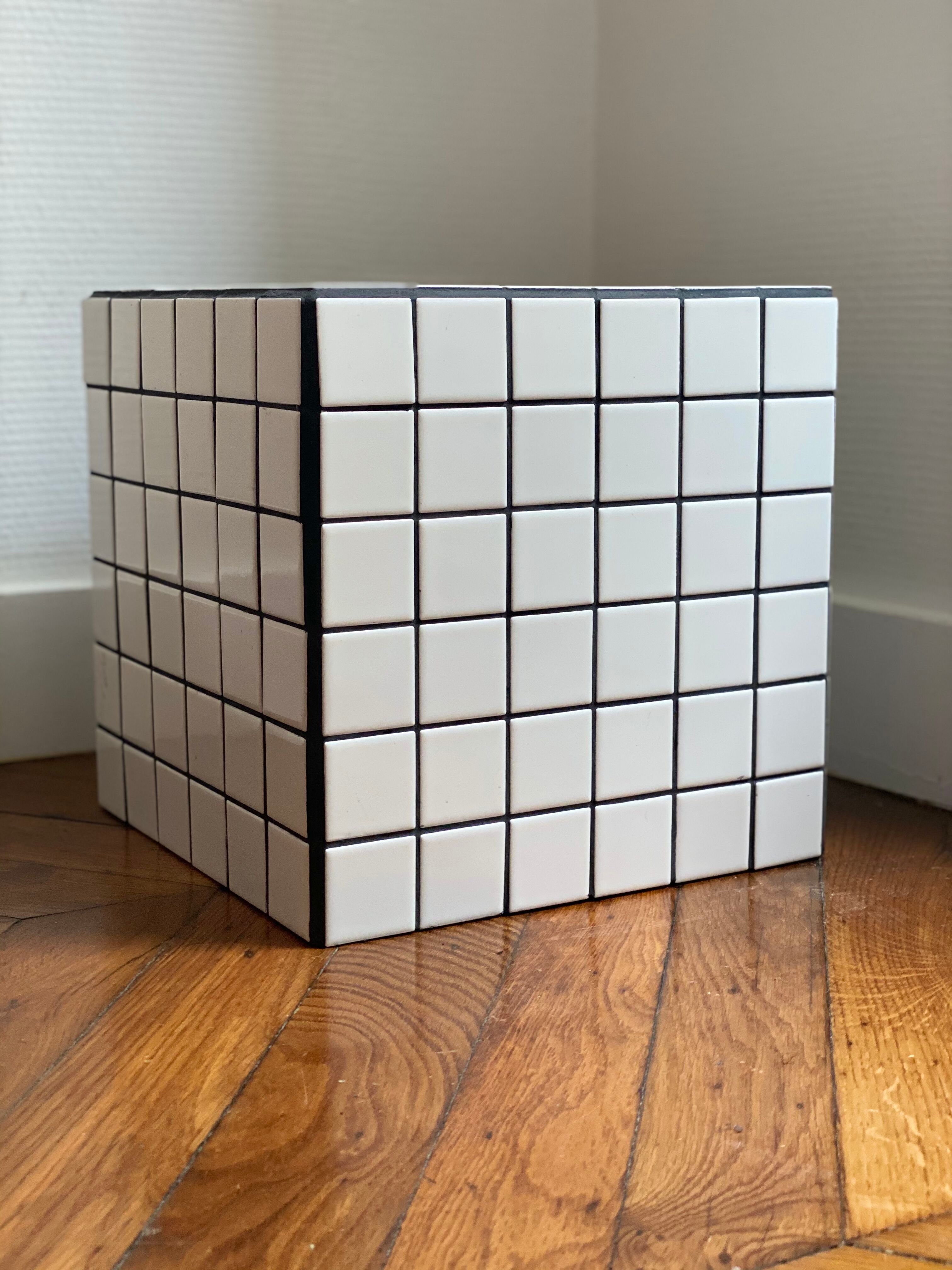 Checkerboard cube bedside table tiled white retro black tile