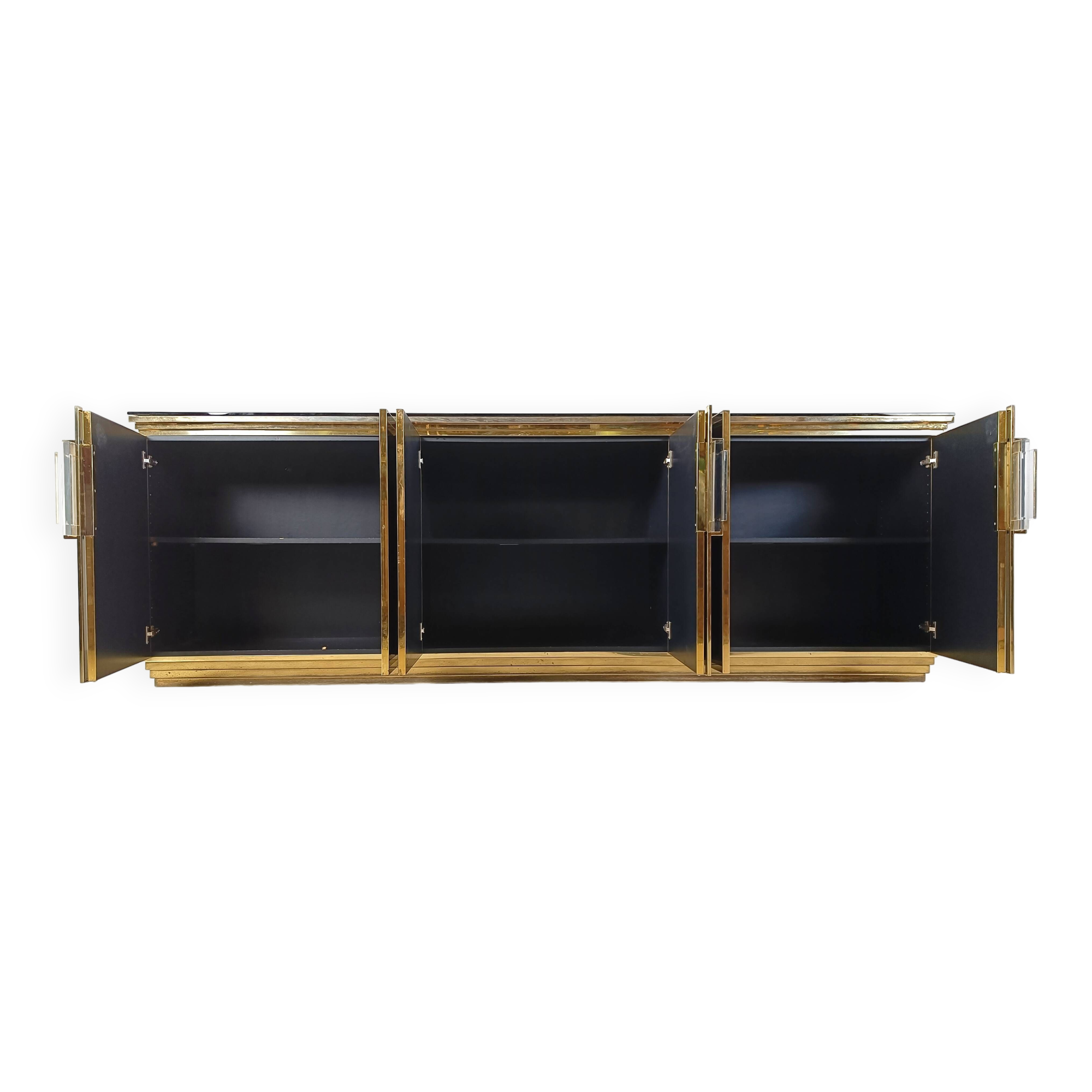 Vintage Black Lacquered and black glass credenza, 1980s