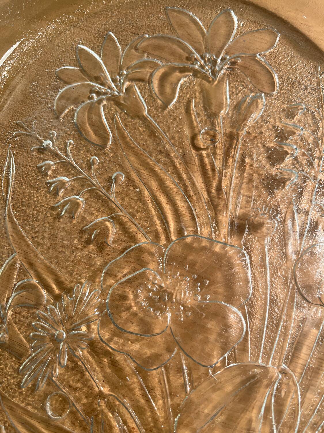 Vintage etched glass heart shaped dish with floral pattern