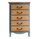 Commode à 5 tiroirs en bois naturel et fond bleu en chêne semi-massif