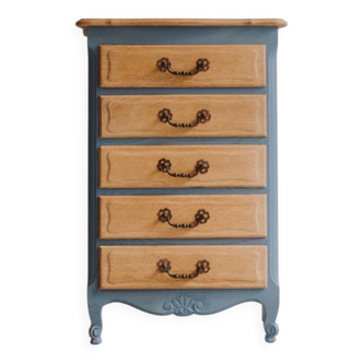 Commode à 5 tiroirs en bois naturel et fond bleu en chêne semi-massif