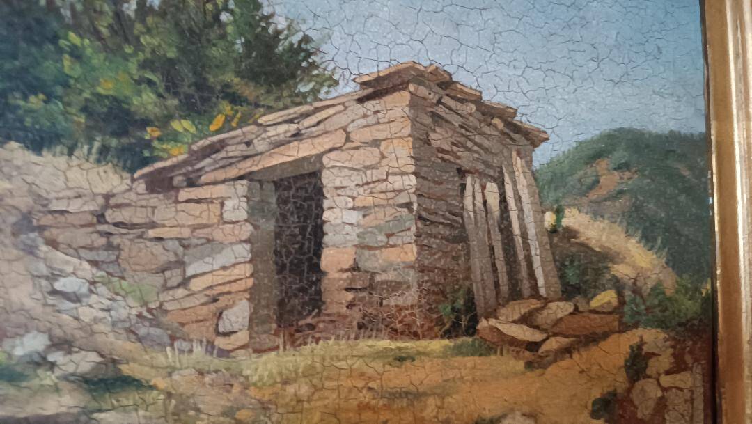 peinture de paysage à l'huile sur carton, cadre ancien du début des années