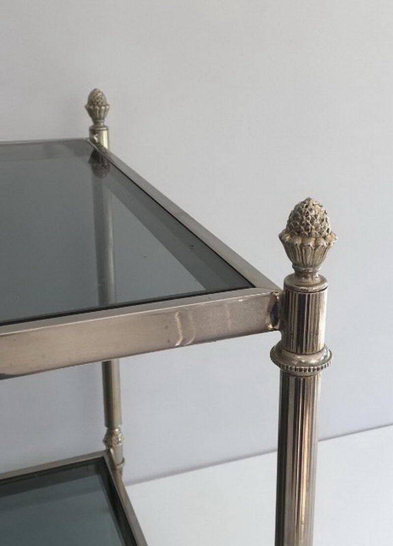 Neoclassical silver coffee table with bluish glass tops
