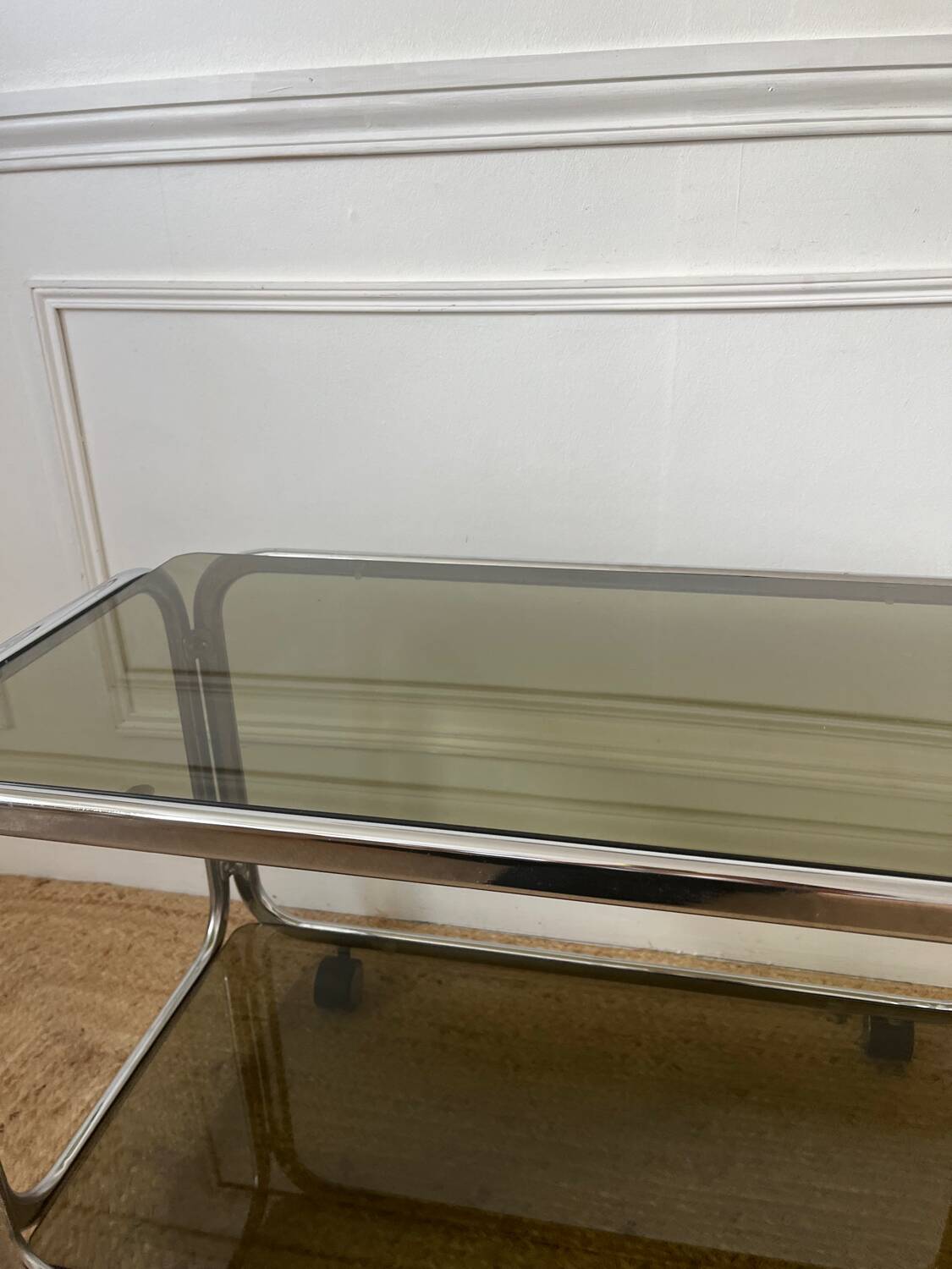 Rolling serving cart in chromed steel and smoked glass, 70s design