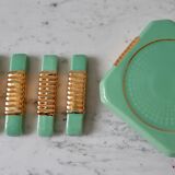 Set of a bottle bottom and 5 knife holders in art deco mint green ceramic