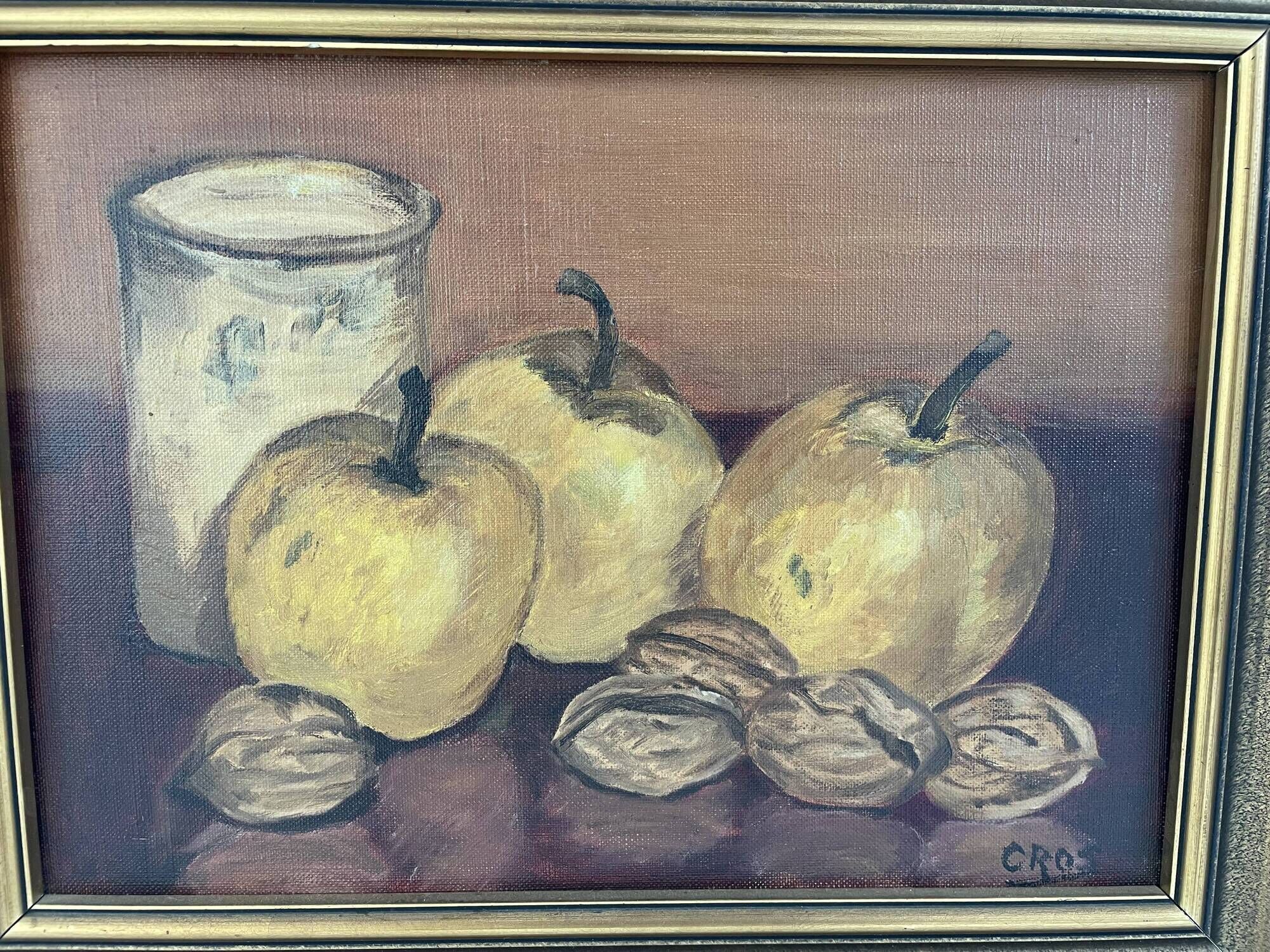 Oil painting on canvas, still life with fruits and pot, nuts, signed, George Cros, signed
