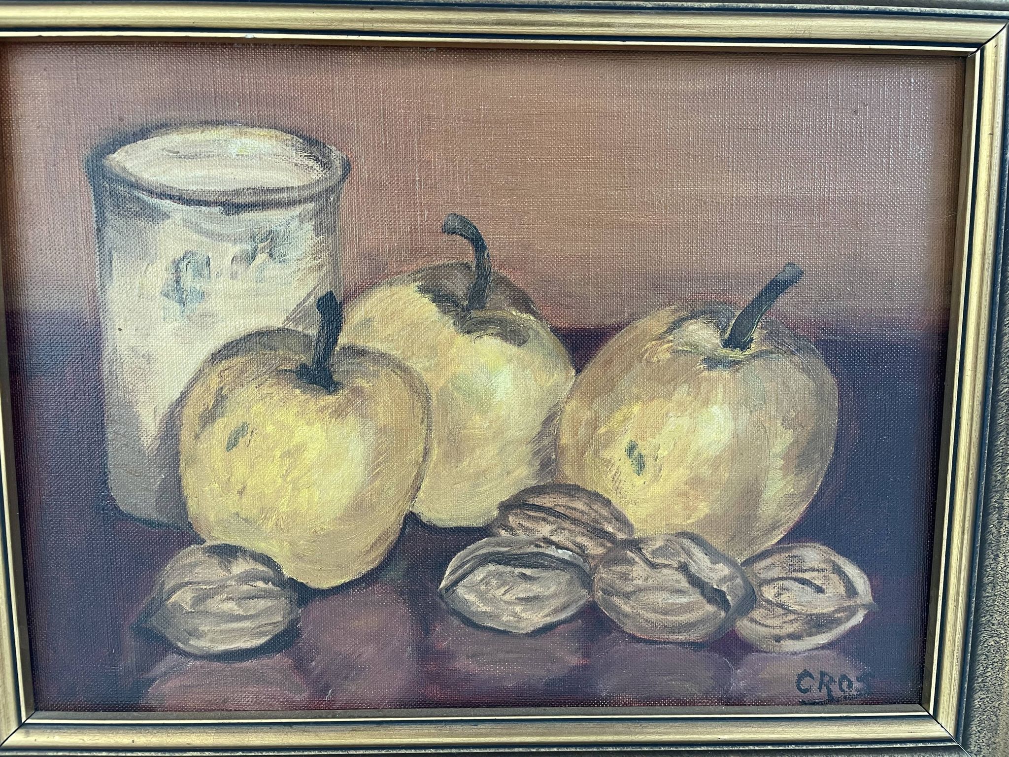 Oil painting on canvas, still life with fruits and pot, nuts, signed, George Cros, signed