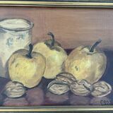 Oil painting on canvas, still life with fruits and pot, nuts, signed, George Cros, signed