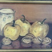 Oil painting on canvas, still life with fruits and pot, nuts, signed, George Cros, signed