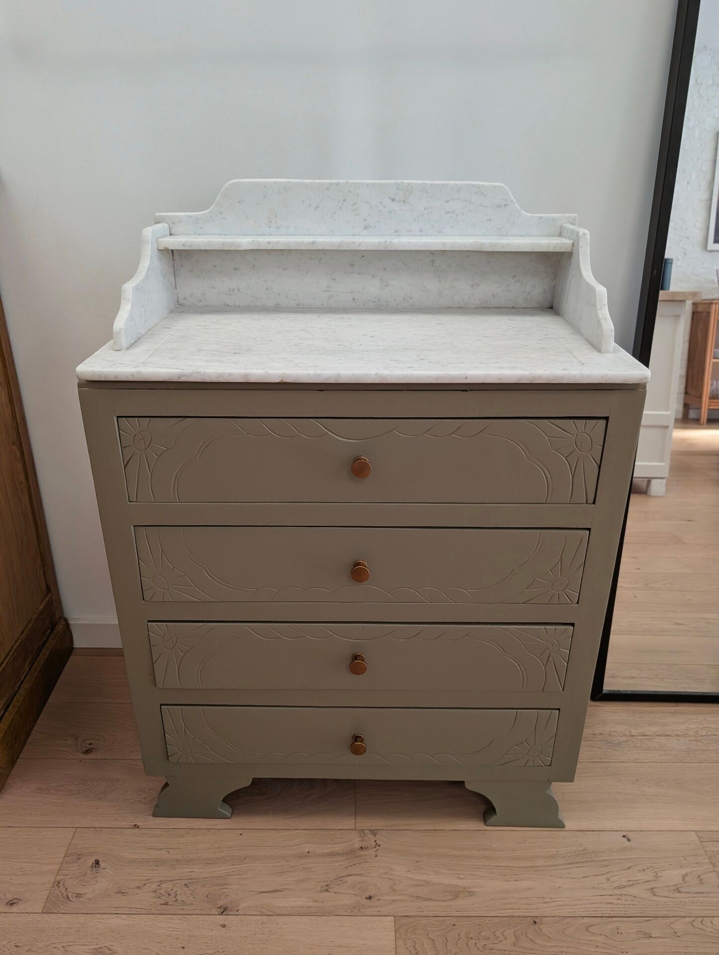 Antique commode revamped with a marble top, vintage dressing table.