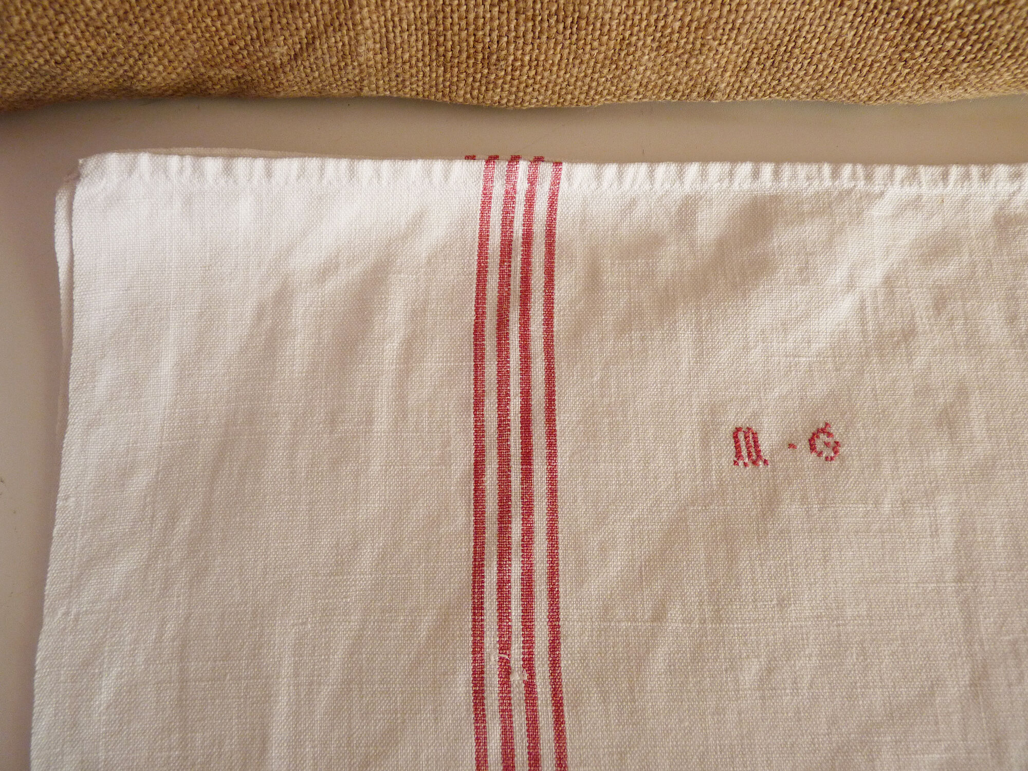 Old Lin towel, 4 red stripes, MG monogram, handmade