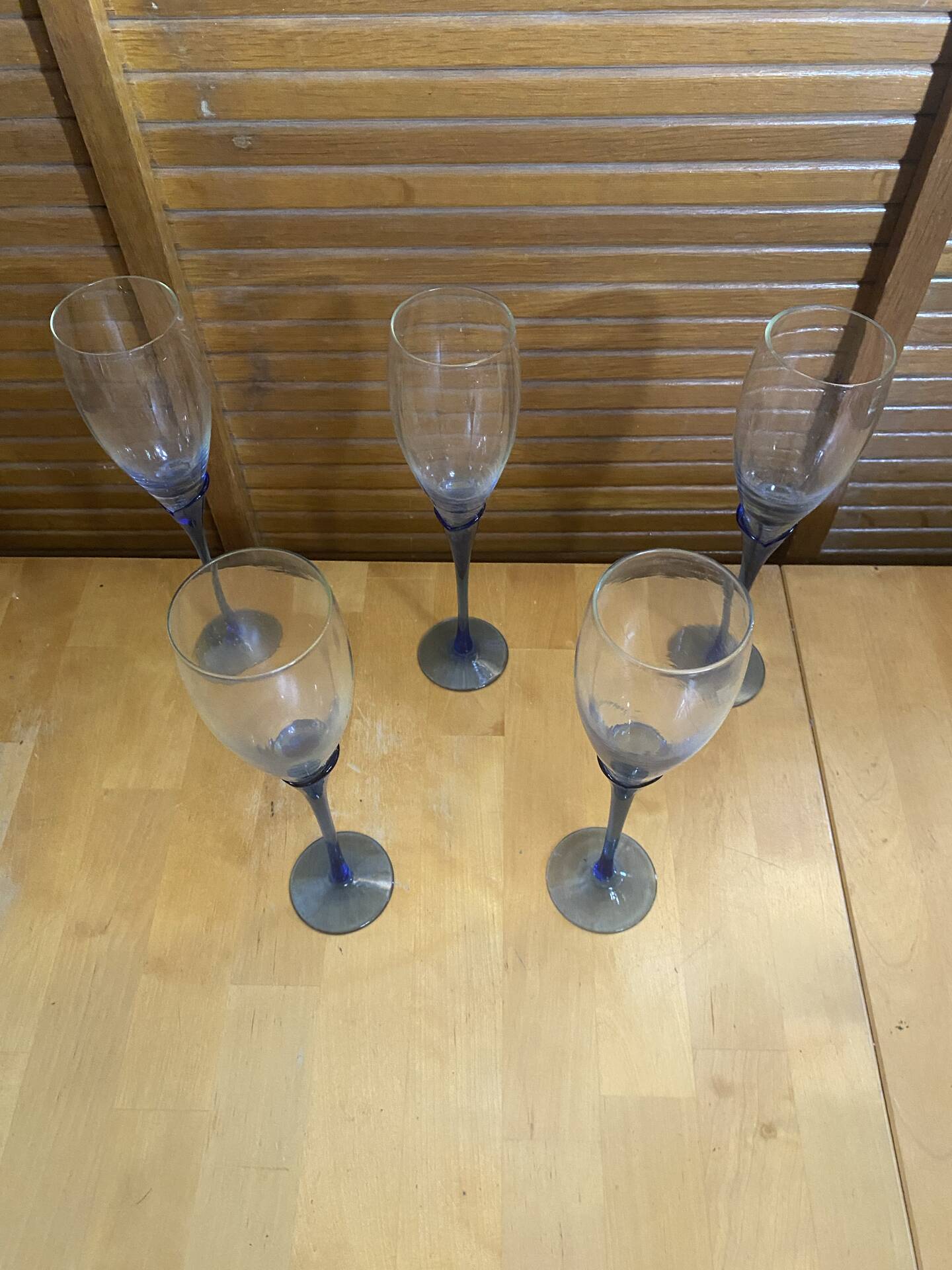 Set of 5 Champagne Flutes BORMIOLI ROCCO Moulded Glass + Vintage Blue Stem