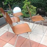 Suite of four chairs in teak color multiplis and chrome / vintage feet 60s-70s