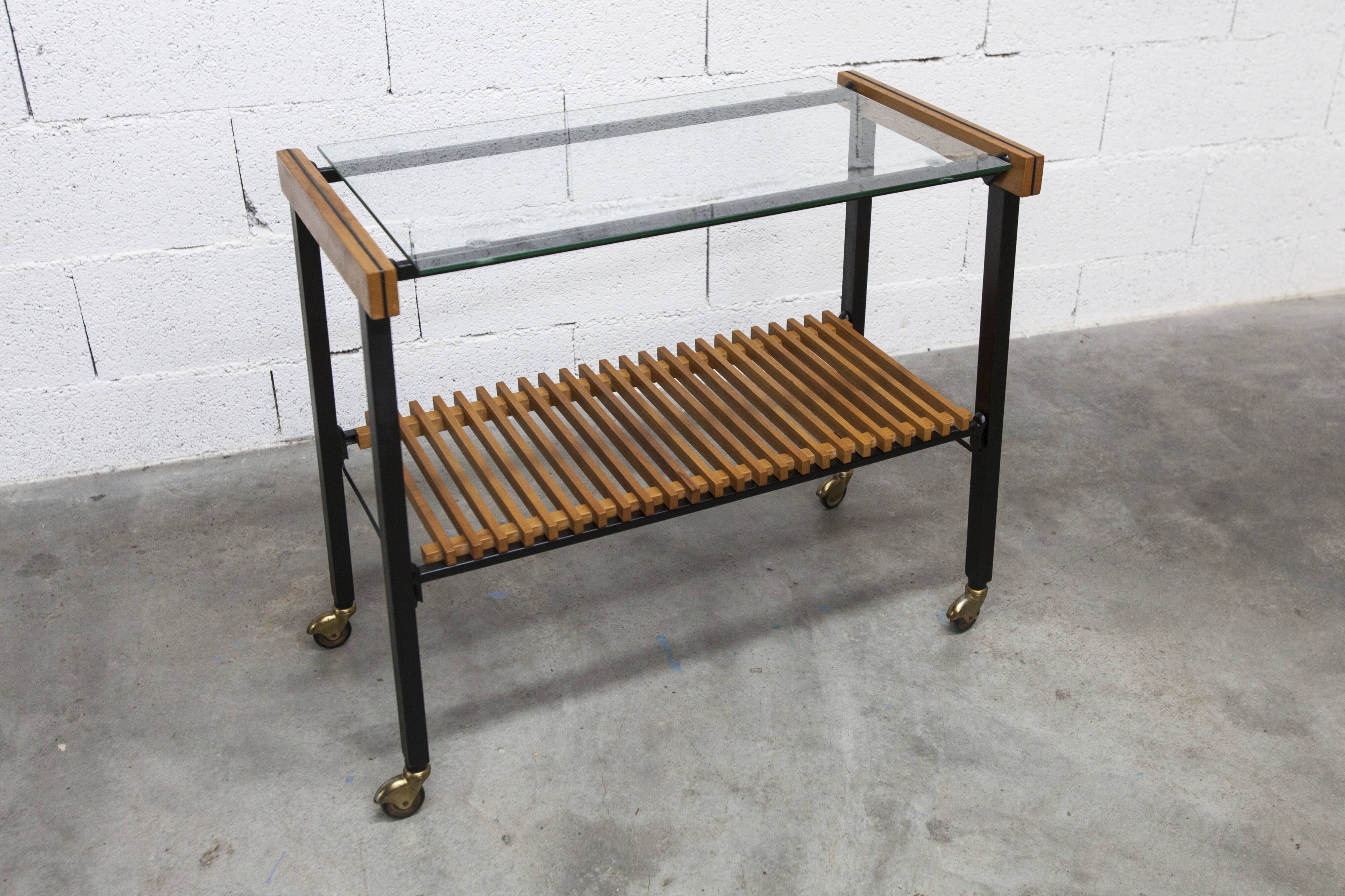 1960s serving cart, hi-fi cabinet on casters, teak, black metal, glass