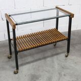 1960s serving cart, hi-fi cabinet on casters, teak, black metal, glass