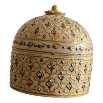 Round wooden box inlaid with bone