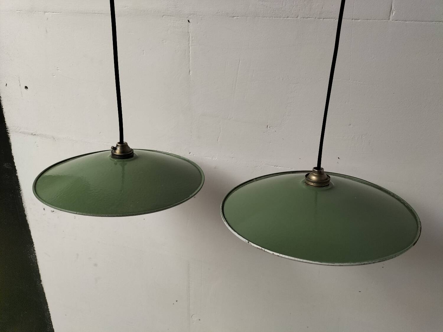 Pair of enamelled metal pendant lights
