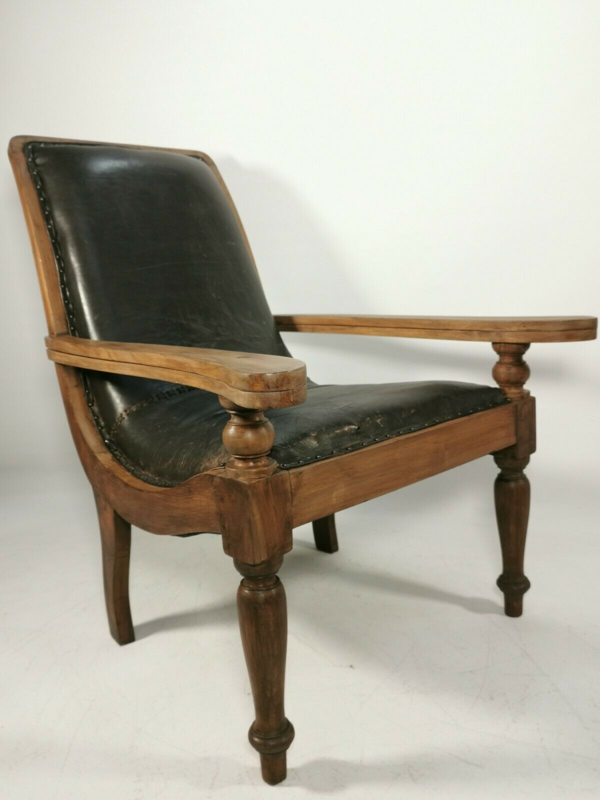 Antique 19th Century Restored British Colonial Plantation Chair Leather Seat