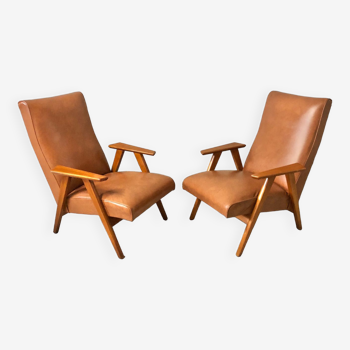 Paire de fauteuils design scandinave pieds compas époque vintage 1960s