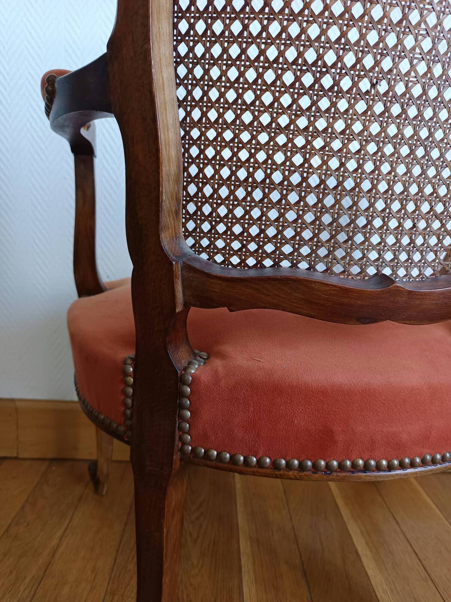 Fauteuil louis XV terracotta et cannage