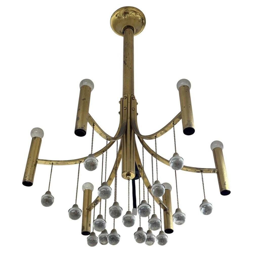 Chandelier en laiton de style mid-century moderne attribué à Gaetano Sciolari, 1970