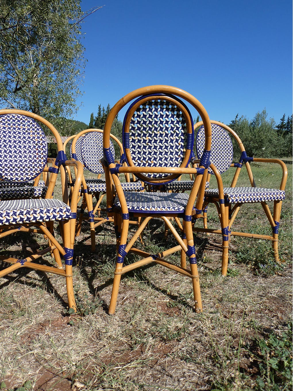 Lot de 5 fauteuils bistrot de terrasse type "parisienne" blanc et bleu