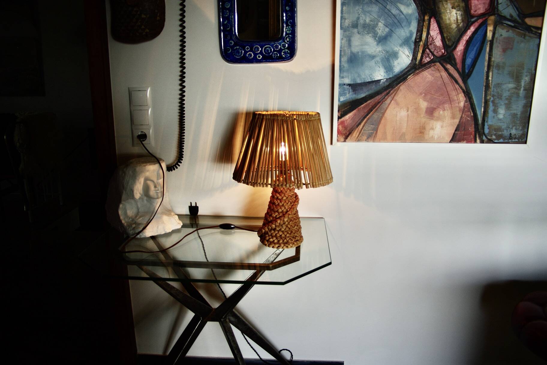 Vintage lamp in braided reed and bamboo