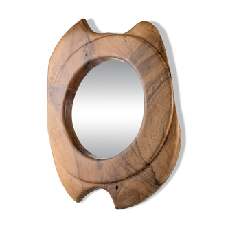 Biomorphic wall mirror in solid walnut, organic design, France, 1960s