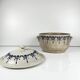 Old stoneware hot water bottle / casserole from Saint Uze, blue decoration, early 20th century.