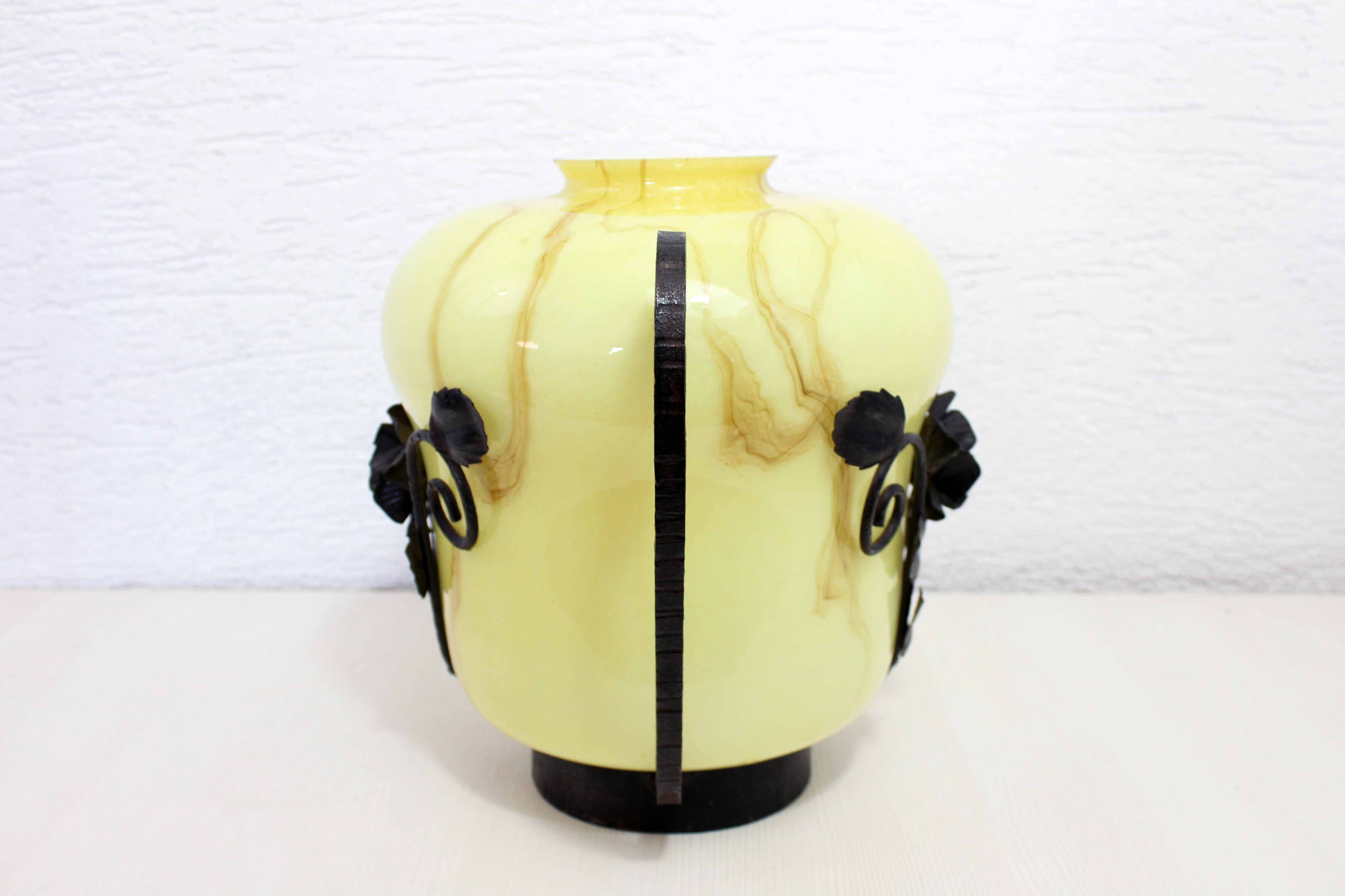 Art Deco transition glass and wrought iron vase