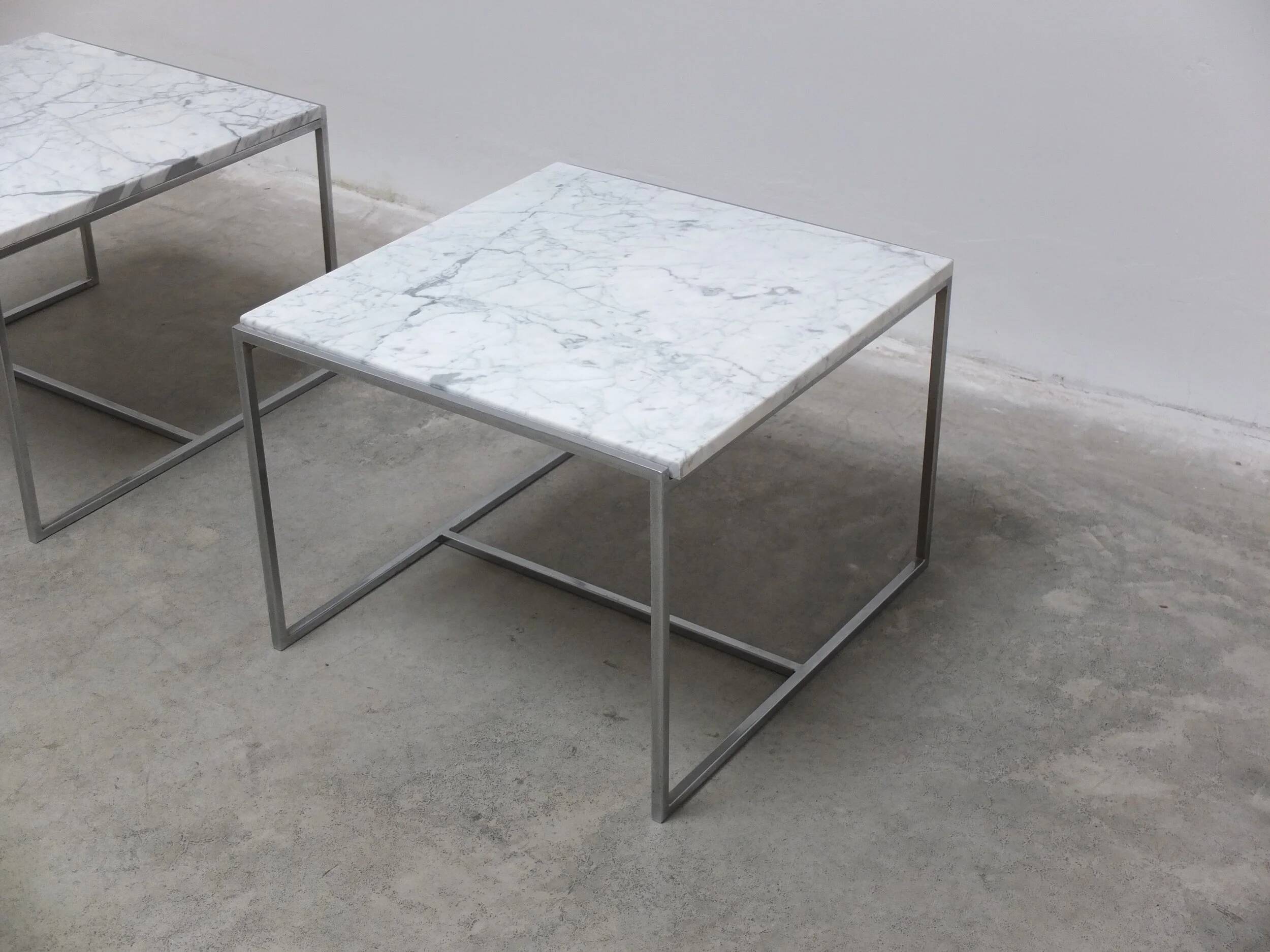 Pair of Carrara marble & chrome coffee or side tables, 1970s