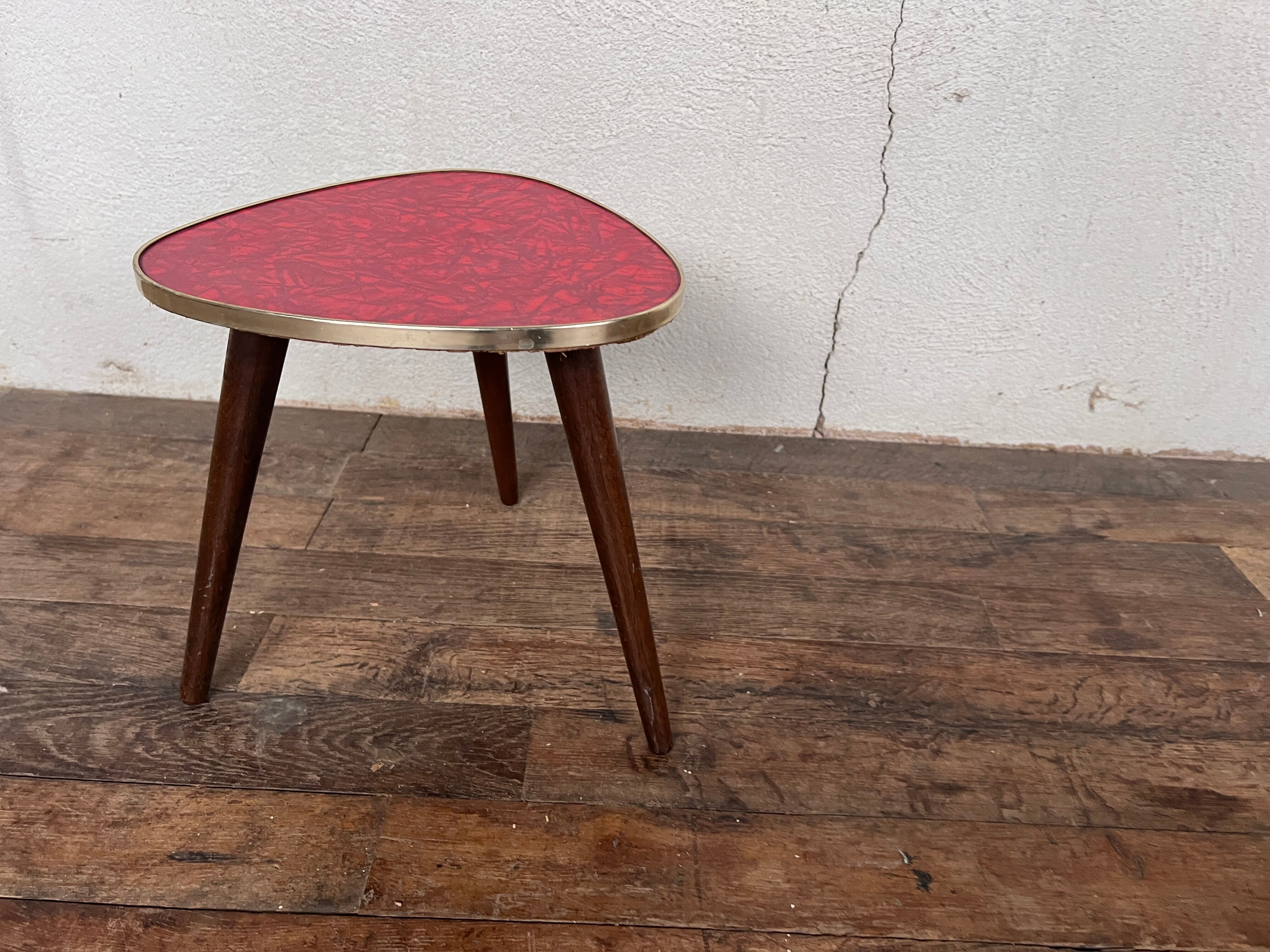 Triangular pedestal table small red table asymmetrical shape vintage tripod plant door