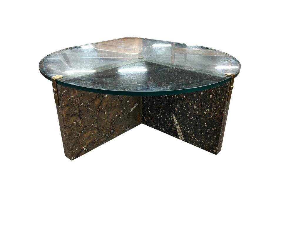 Vintage teardrop-shaped glass coffee table with stone base