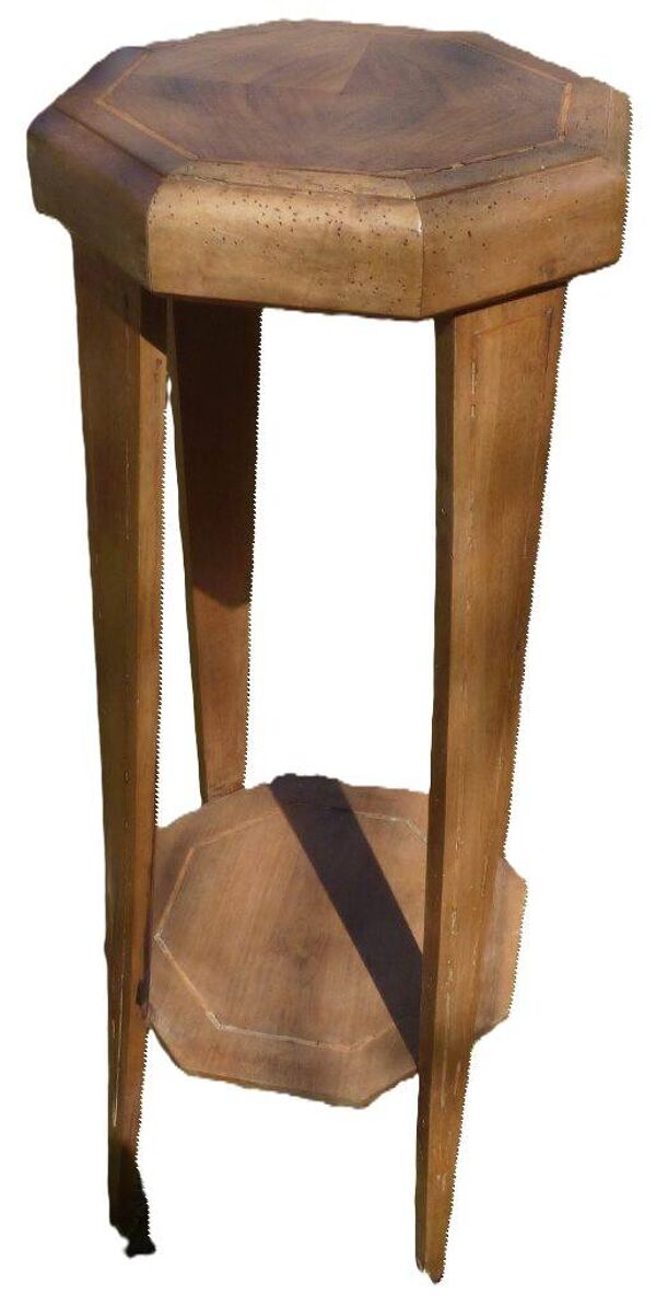 Grande Sellette octogonale Art Déco en marqueterie.Tablette d'entretoise-Décors de filets de bois 20