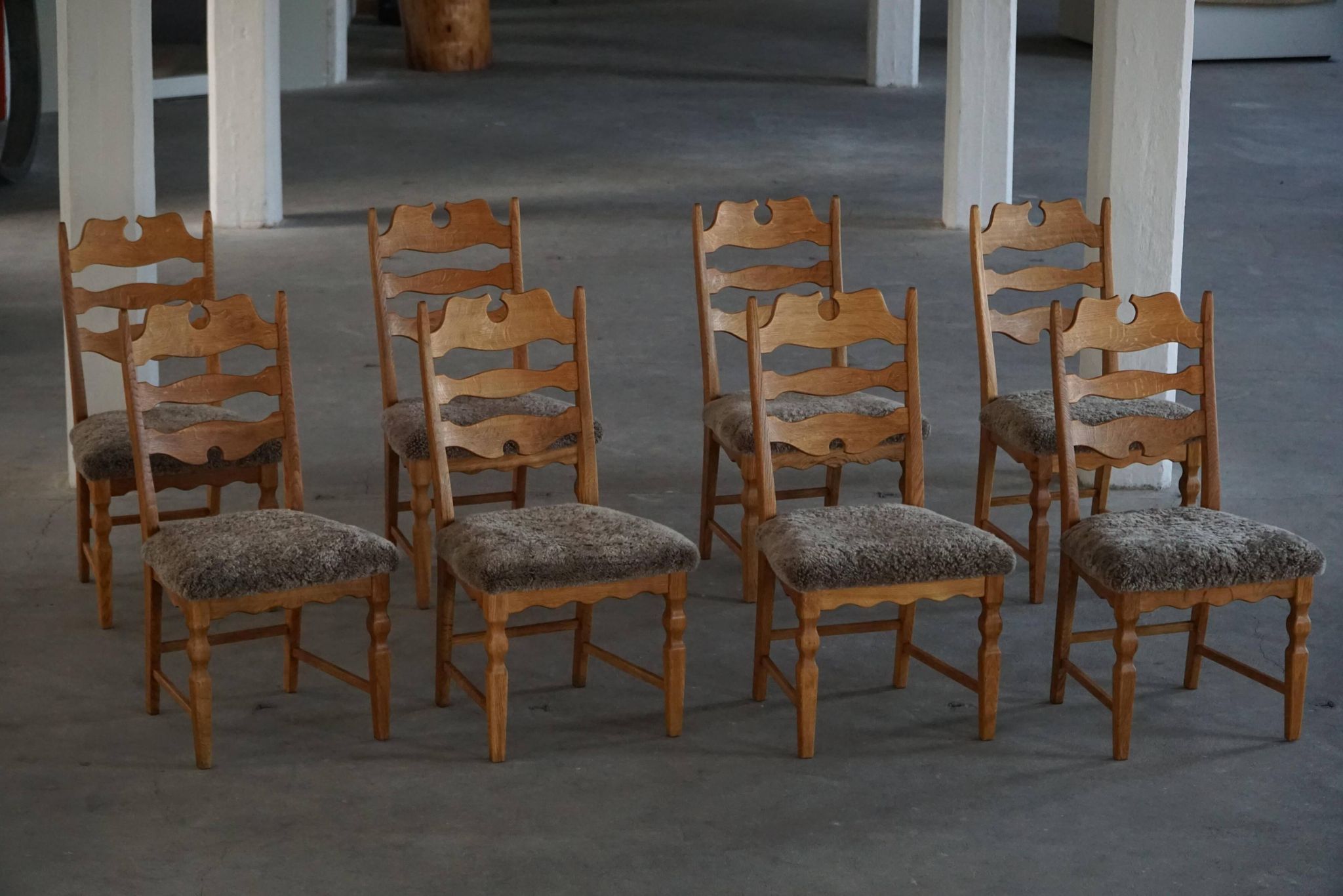 Denmark mid-century, set of 8 oak and lambswool chairs, Henning Kjærnulf, 1960s