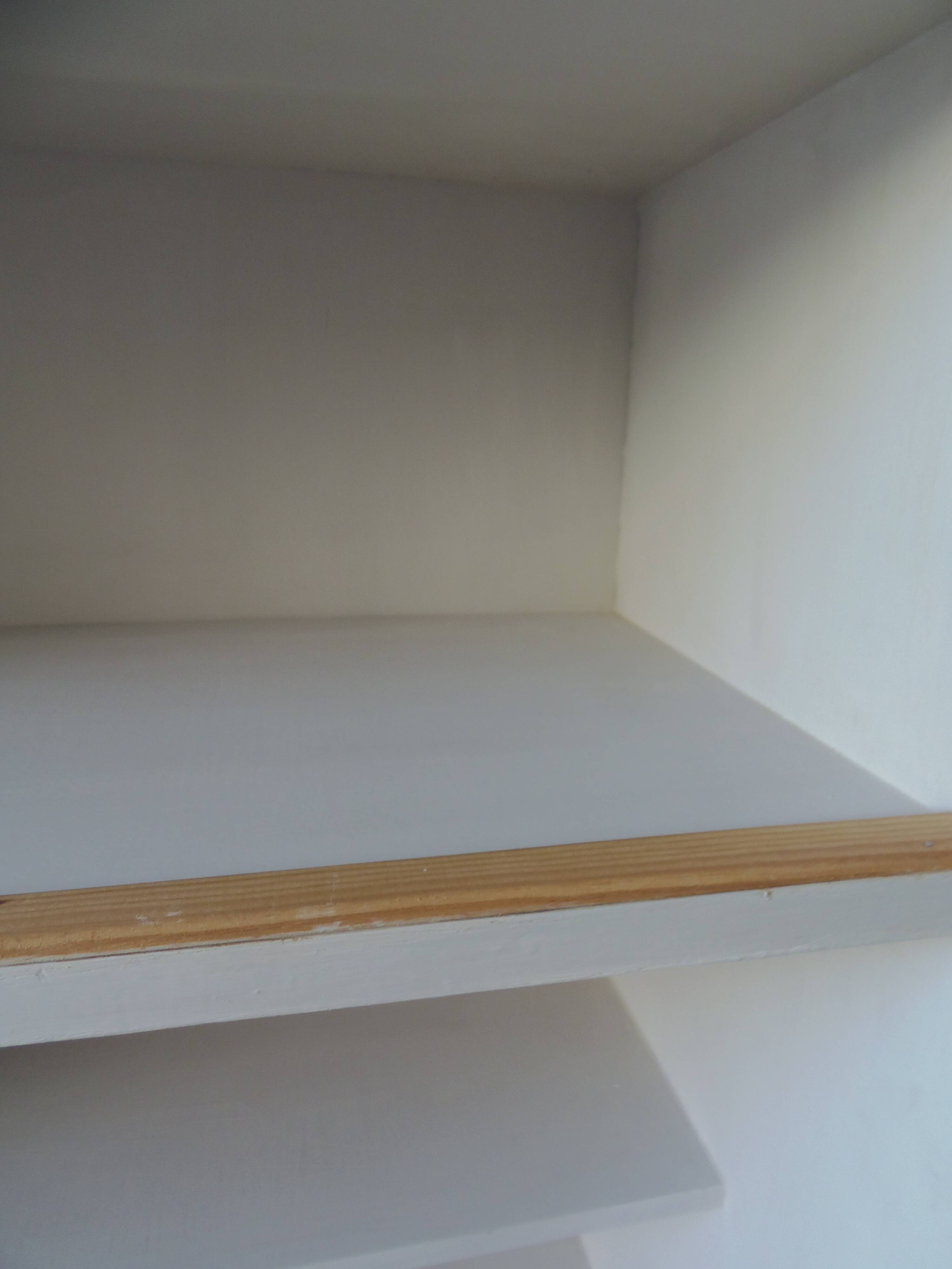 Vintage bookshelf in oak veneer, pearl grey interior, metal legs.