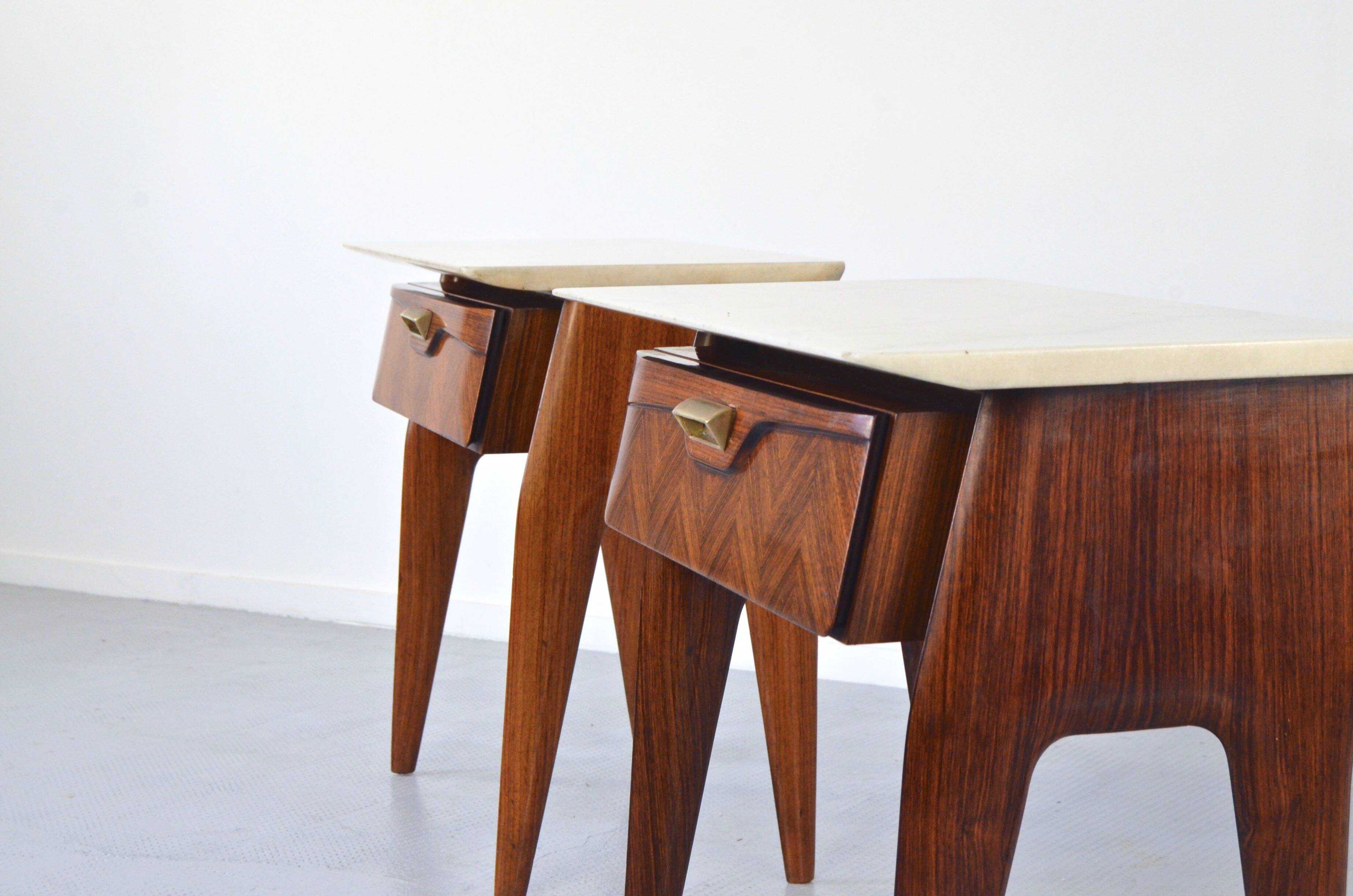 Set of 2 Italian Midcentury Rosewood and carrara bedsides tables