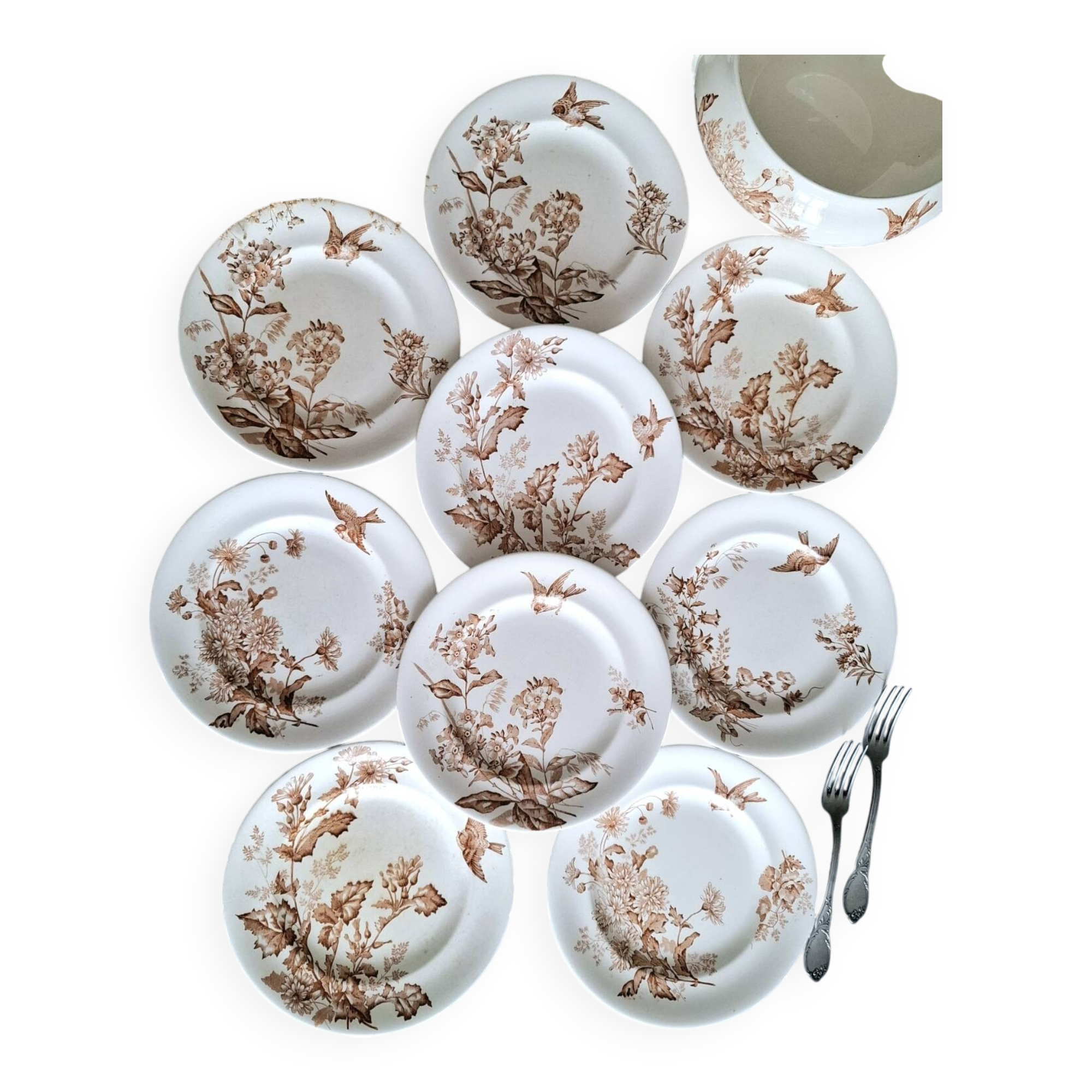 Antique iron earthenware plates accompanied by dishes