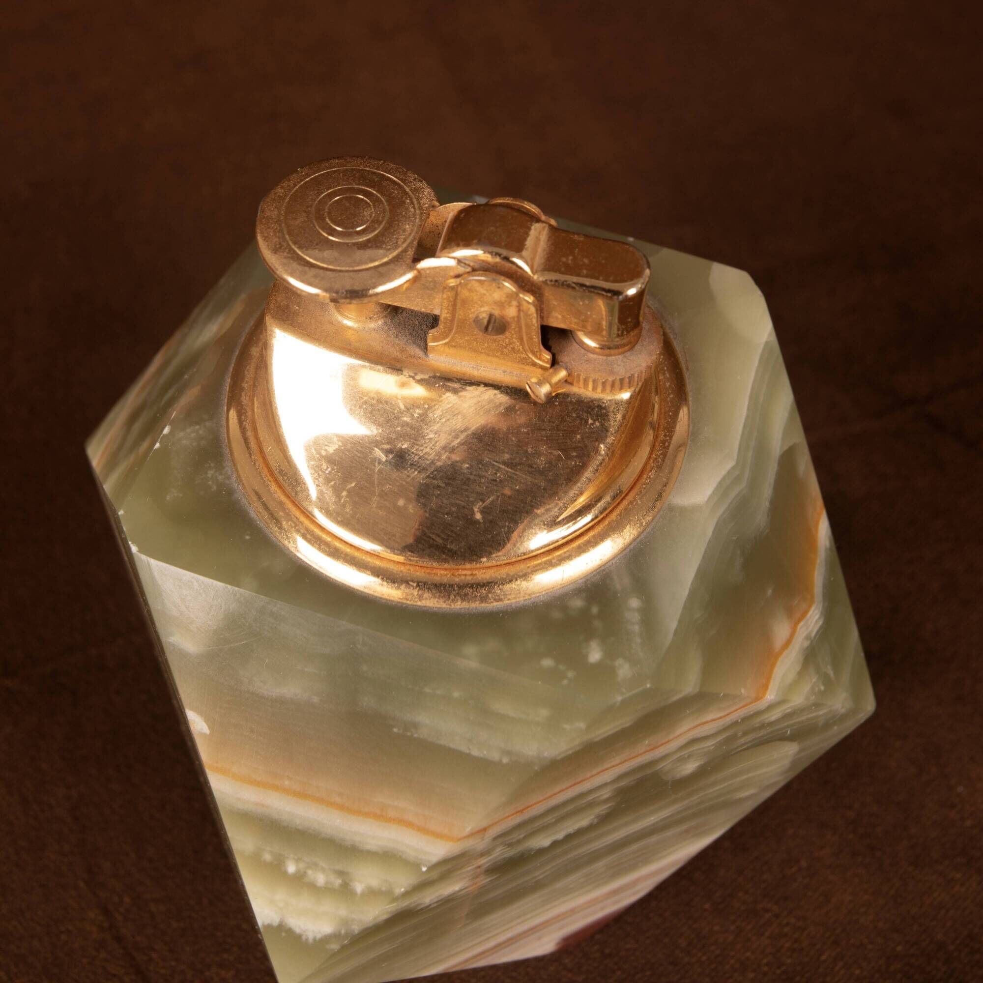 Italian Geometric Green Onyx and Brass Table Lighter, 1970