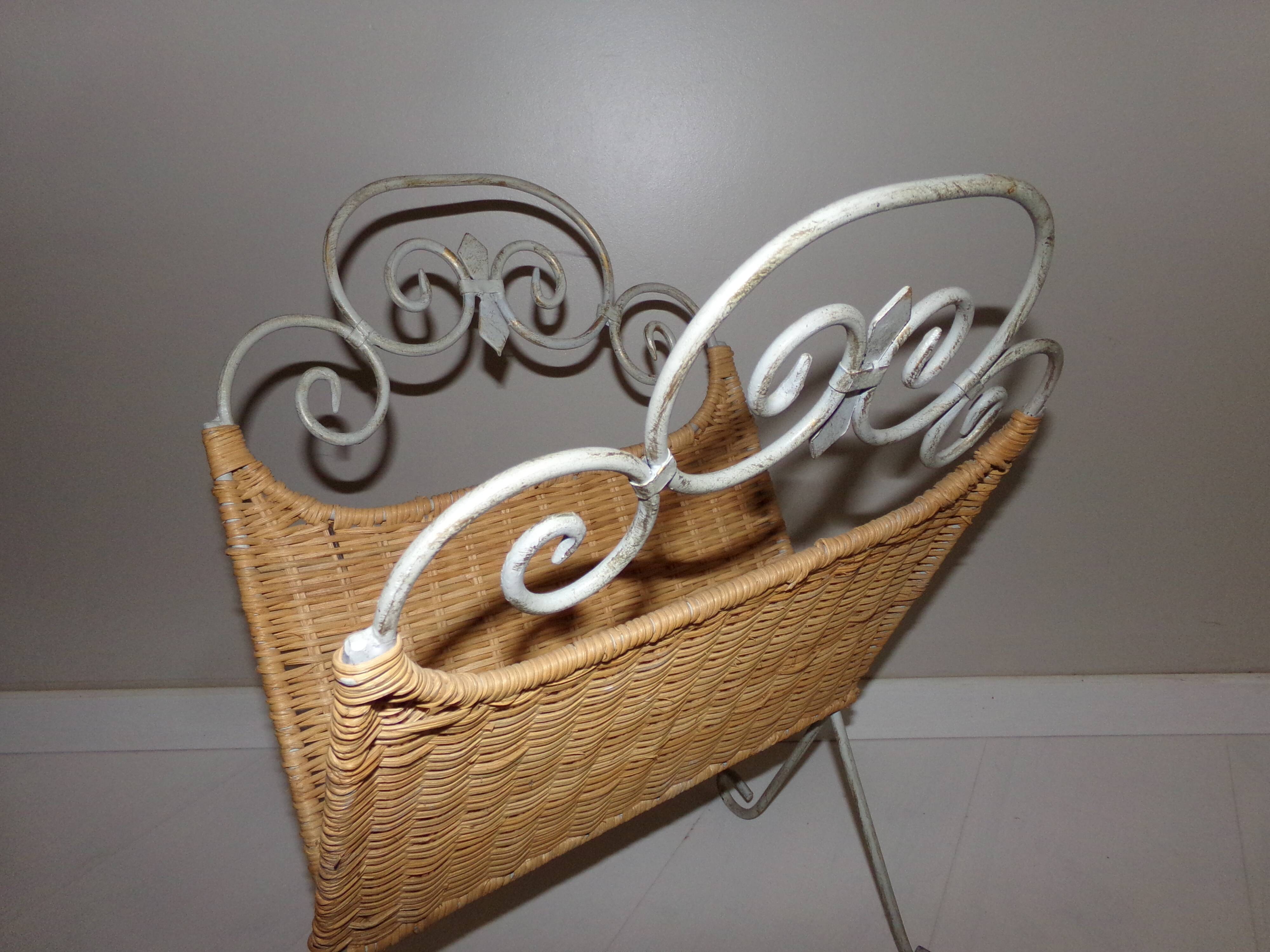 Rattan and shabby wrought iron magazine rack