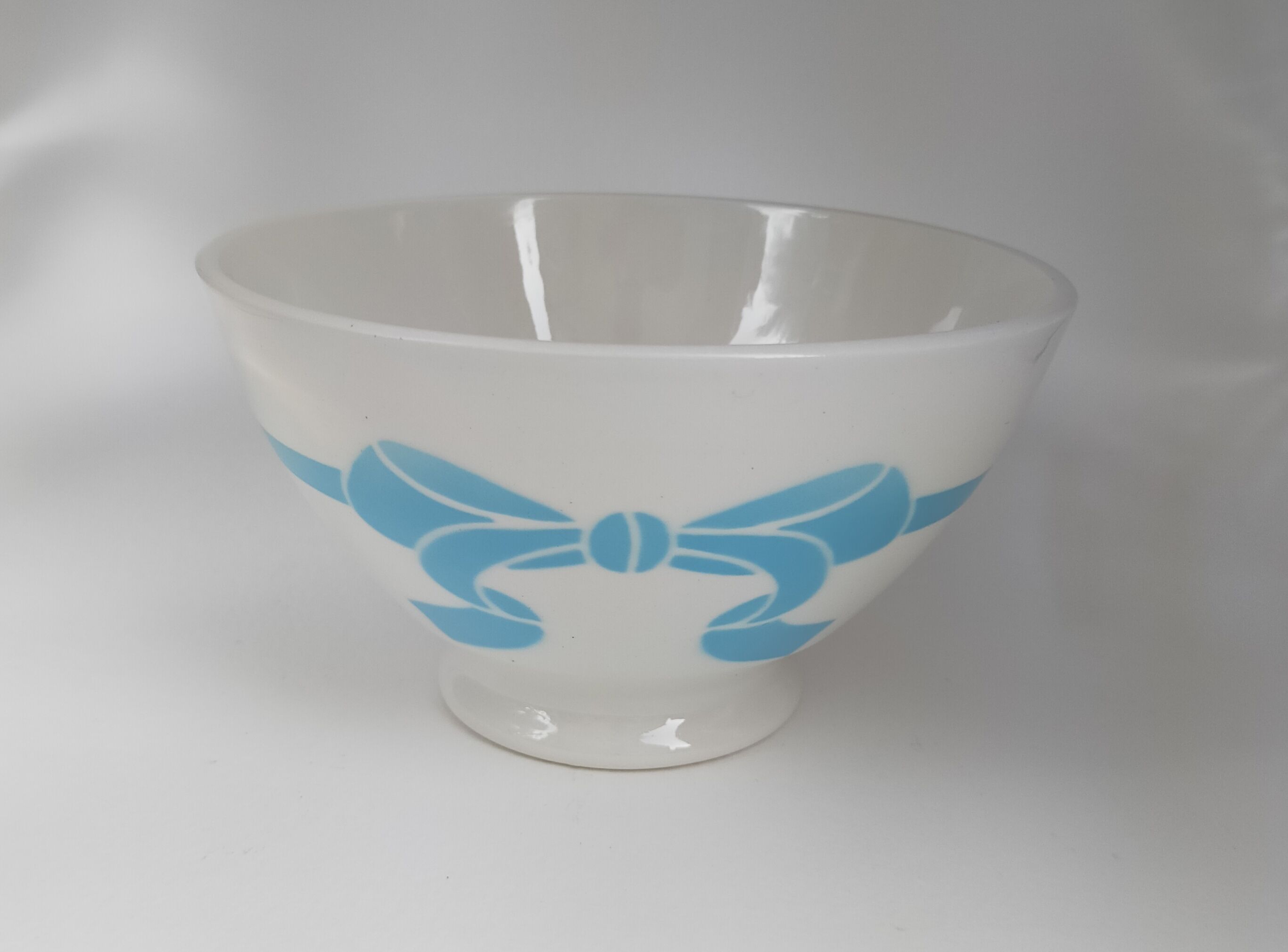 Old ceramic bowl earthenware white French blue ribbon of the 50s vintage