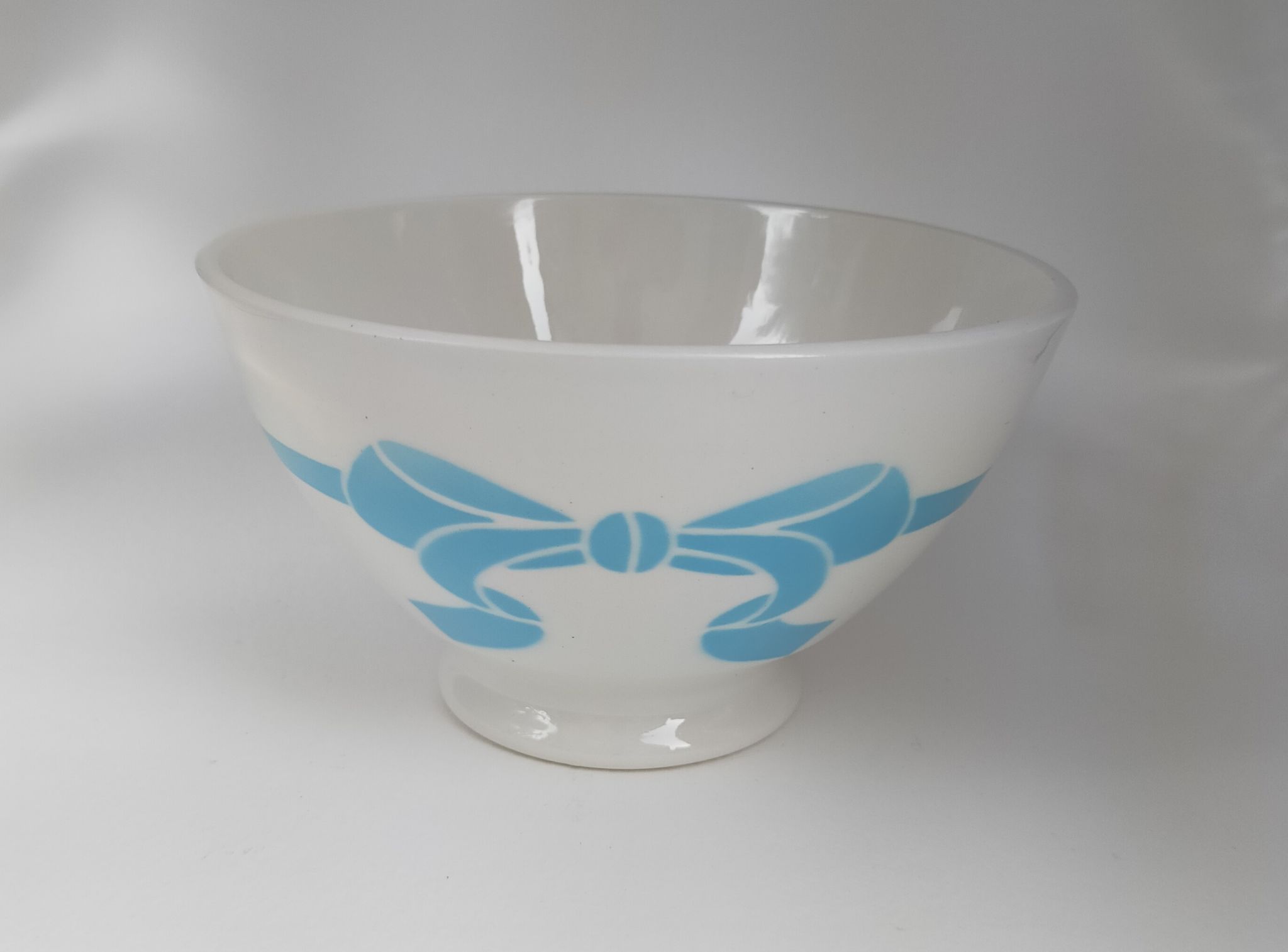 Old ceramic bowl earthenware white French blue ribbon of the 50s vintage
