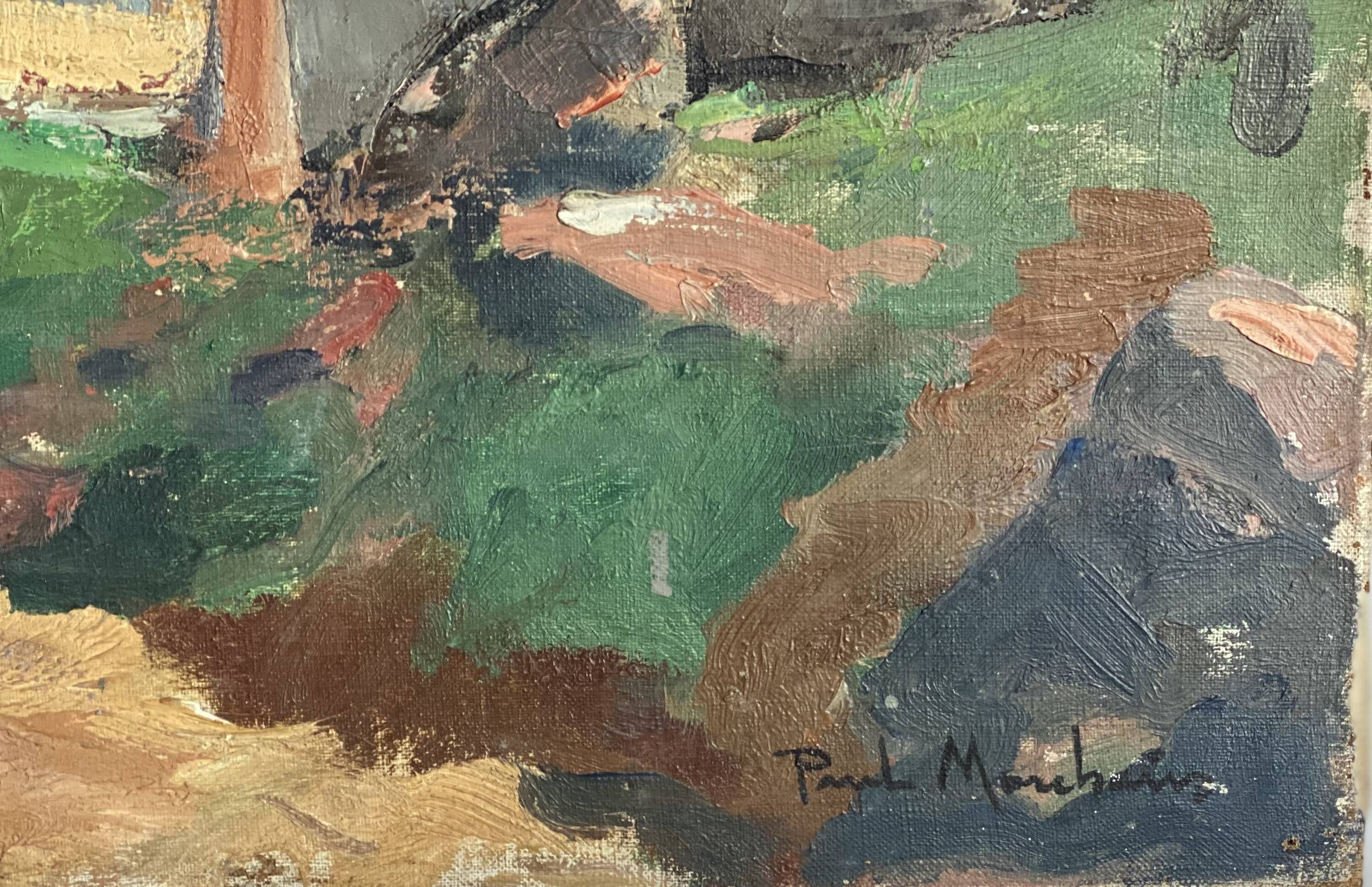 Painting by Paul Morchain, village on the Breton coast (Finistère) and fisherman