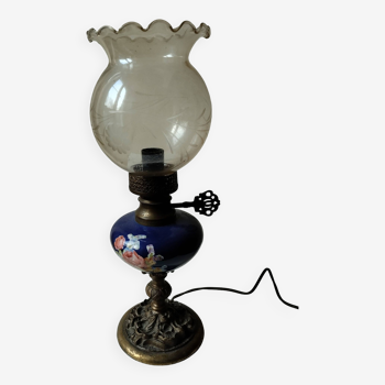 Bronze porcelain kerosene lamp with floral decorations early 1900