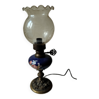 Lampe a petrole bronze porcelaine decors florale debut 1900