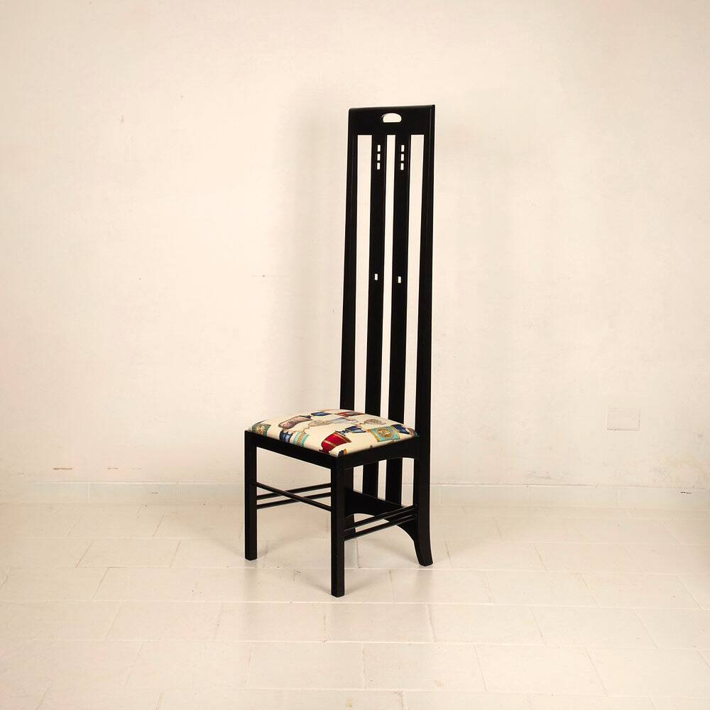 High Ingram chair by Charles R. Mackintosh for Alivar with Fornasetti fabric