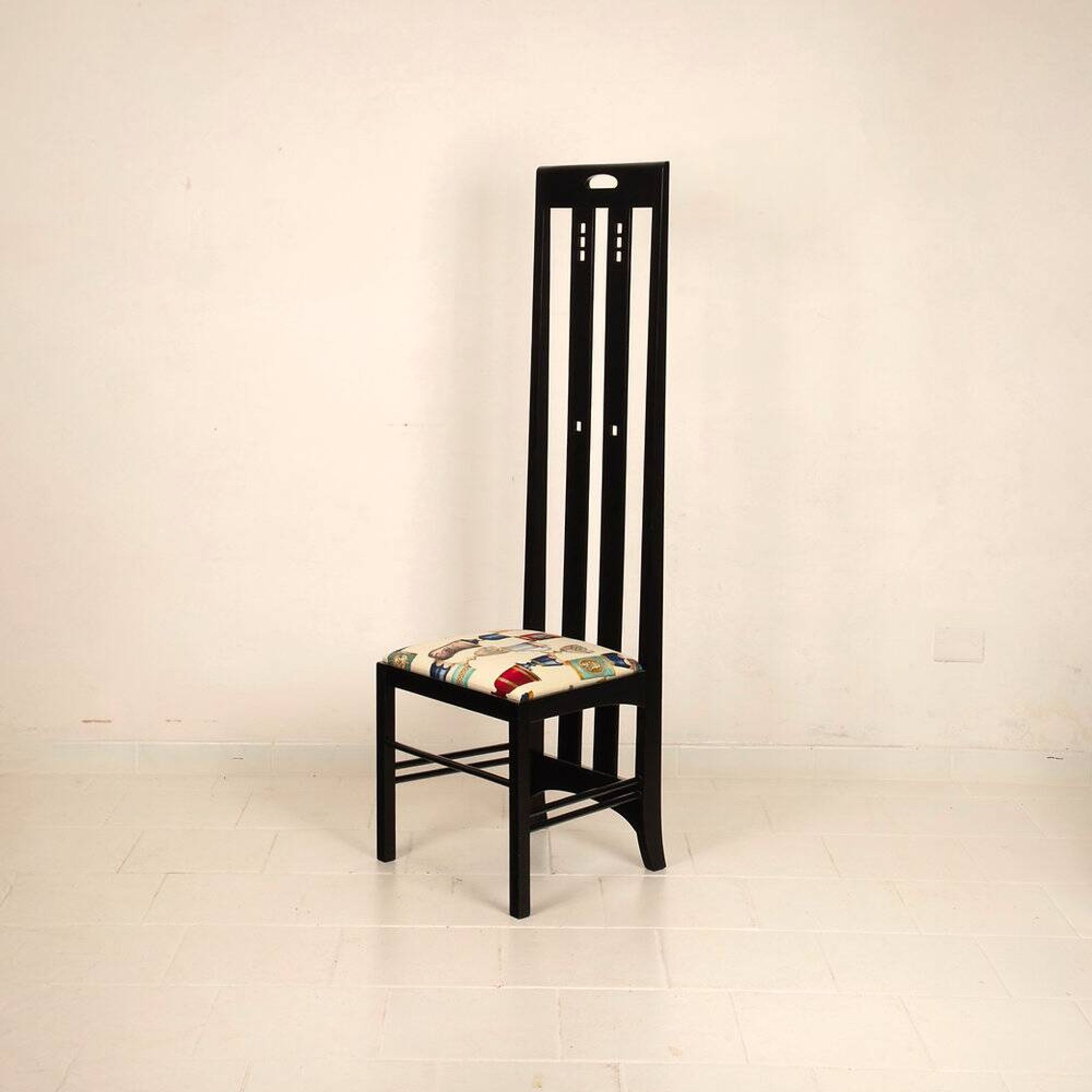 High Ingram chair by Charles R. Mackintosh for Alivar with Fornasetti fabric
